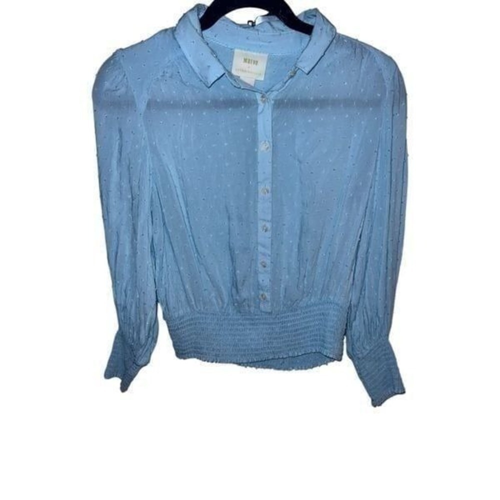 Maeve By Anthropologie Blue Rosa Button Down Swiss Dot Blouse Top size small - Picture 3 of 6
